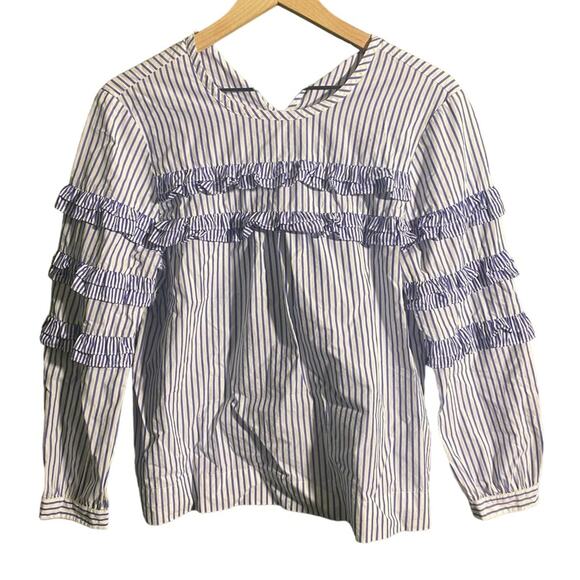 J.Crew Tiered Top in Mixed Stripes Brunswick Blue Ruffle Sleeves Size 6 G7012 - Picture 2 of 6
